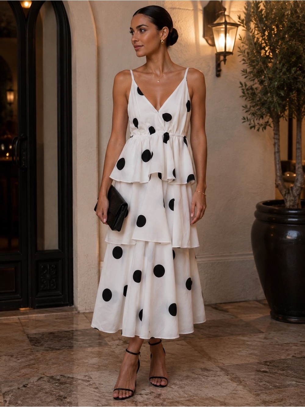 O.P.T. x Tuckernuck | Cava Tiered Polka Dot Midi Dress Black White - Size Medium